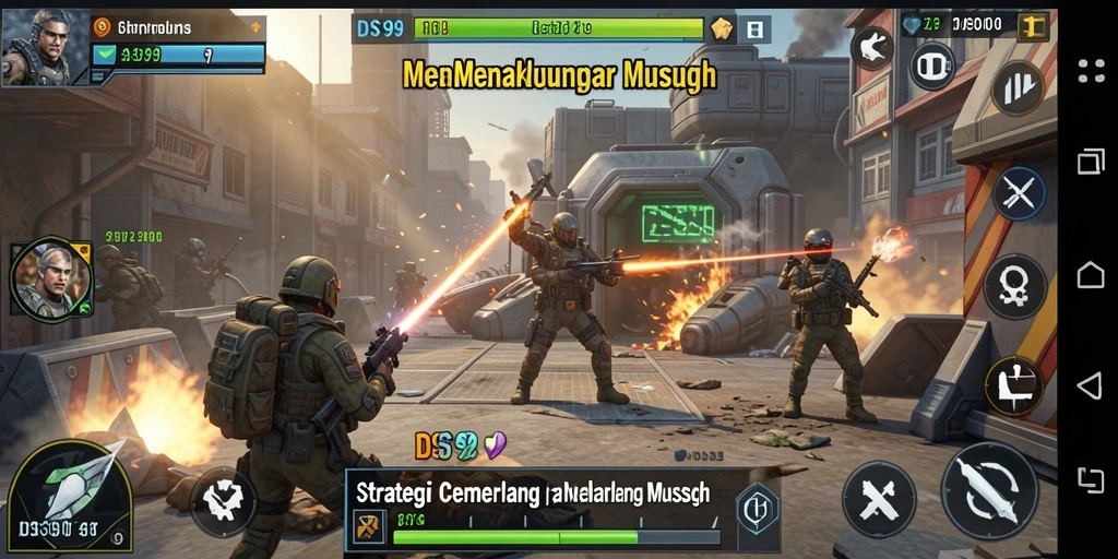 Screenshot DS99 menunjukkan aksi pertempuran yang intens dan strategi mendebarkan.