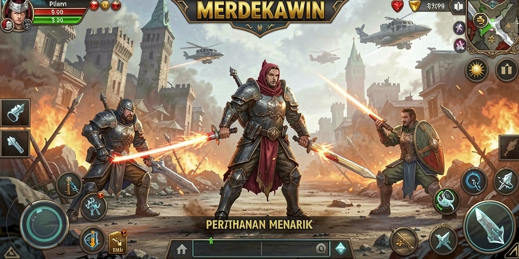 Tangkapan layar gameplay MERDEKAWIN dengan menara pertahanan yang menakjubkan.