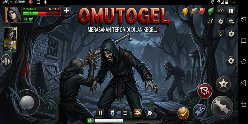 Screenshot gameplay OMUTOGEL menampilkan suasana horor yang mencekam.