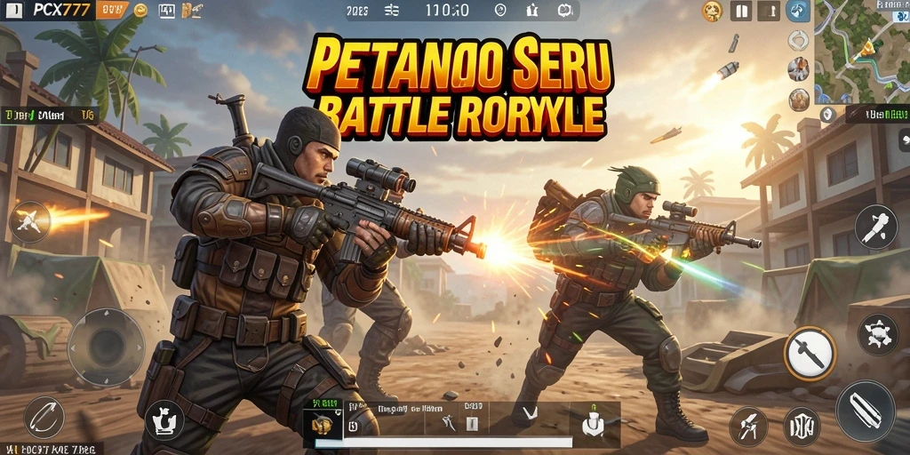 Screenshot utama PCX777 menunjukkan aksi intens di arena Battle Royale.