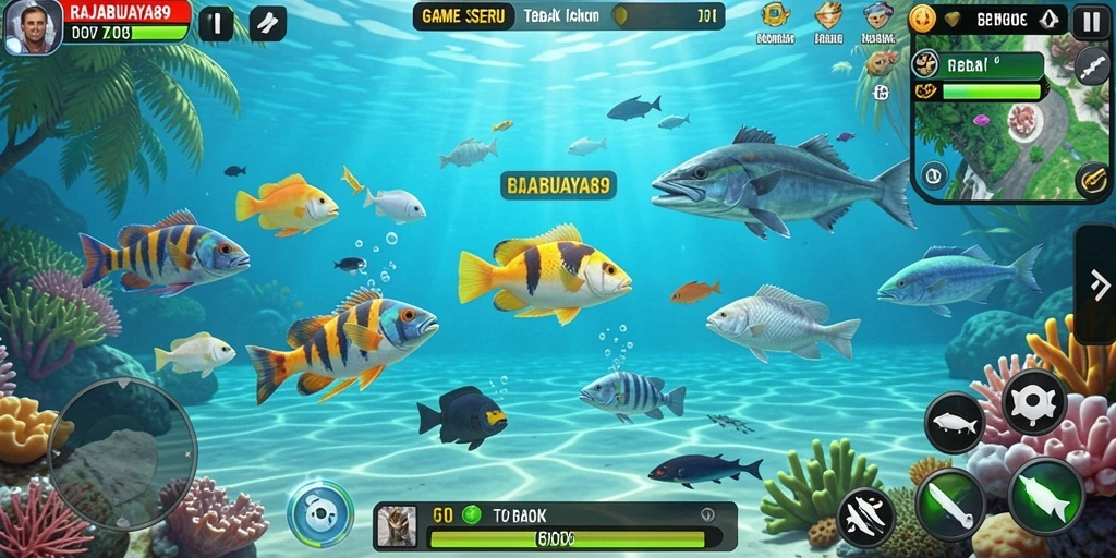 Screenshot gameplay RAJABUAYA89 yang menampilkan aksi menembak ikan.