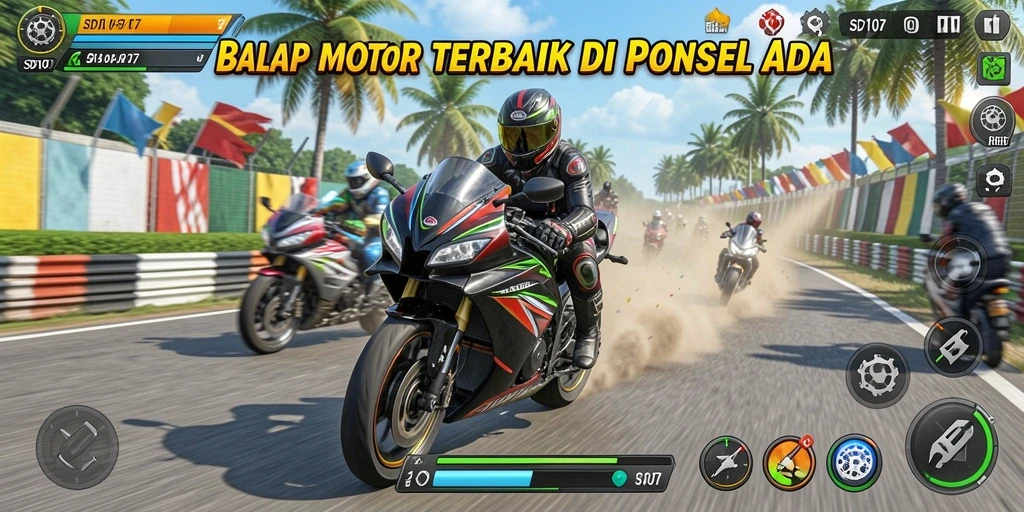 Gameplay SD107 menampilkan balapan motor penuh adrenalin.