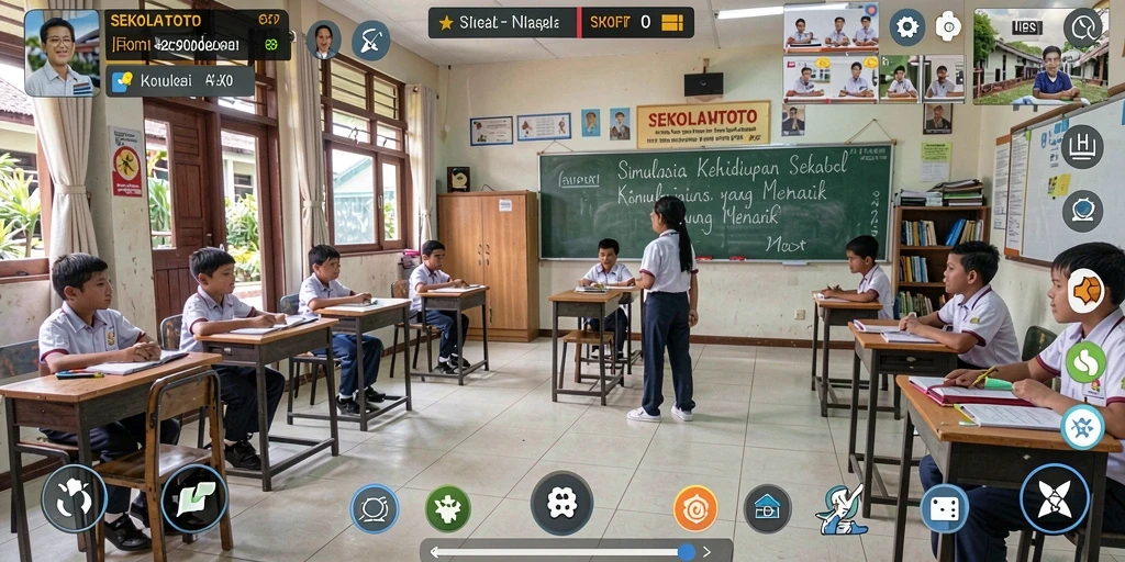 Tampilan gameplay <strong>SEKOLAHTOTO</strong> dengan siswa yang berinteraksi di sekolah.