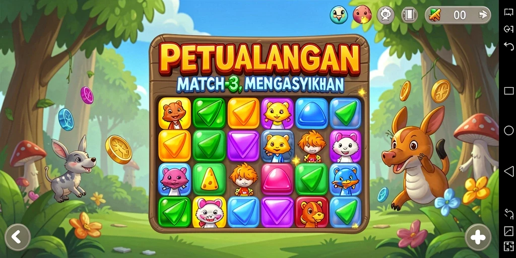 Screenshot gameplay V21 dengan grafis menawan dan kombinasi permata.
