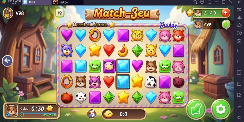 Tampilan gameplay seru dari V98 dengan elemen Match-3 yang menarik.